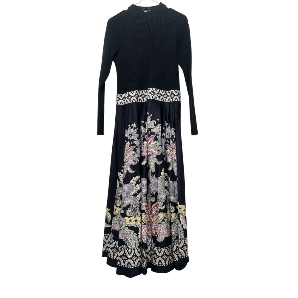 Dalia Macphee Paisley Long Maxi Dress Womens XL Black Fit Flare Mock Neck Flowy - Picture 3 of 16